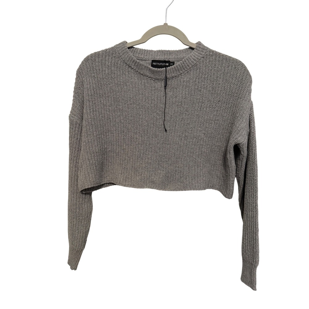 PrettyLittleThing Grey Ribbed Knit Cropped Crew Neck Sweater XS New